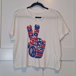 Lucky Brand Crop T Shirt Peace Love Unity Hope Cotton Large White Red Blue